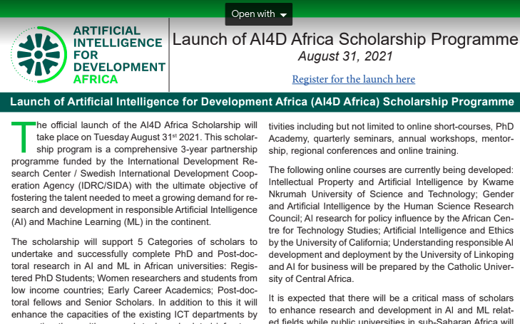 Launch of AI4D Africa Scholarship Programme
